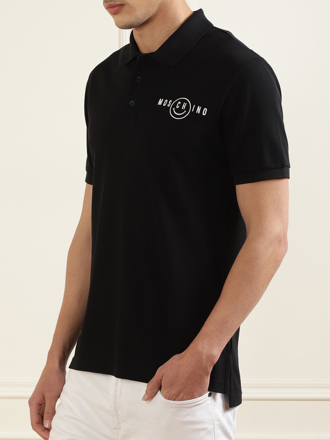 

MOSCHINO COUTURE Men Black Polo Collar Cotton T-shirt