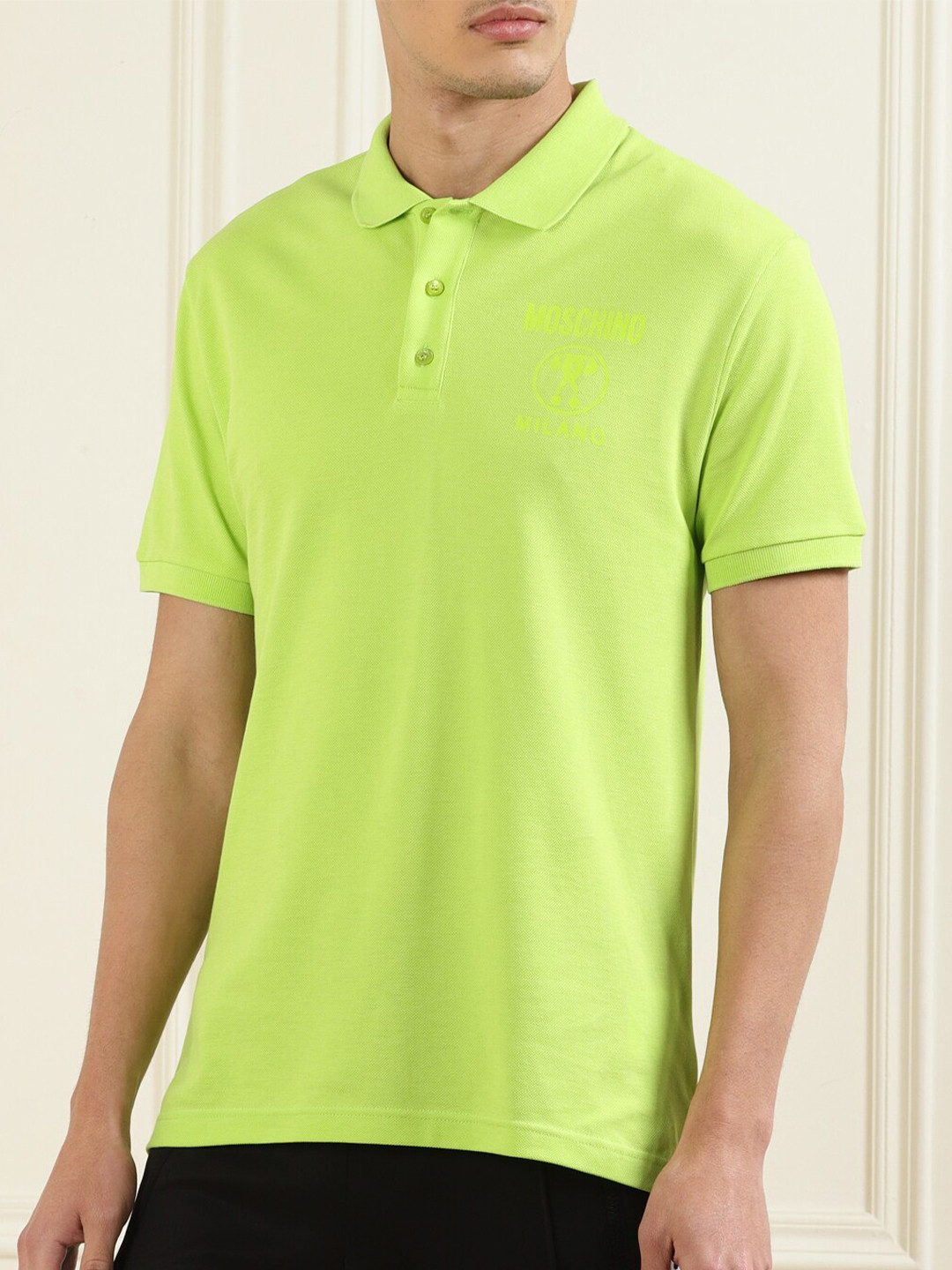 

MOSCHINO COUTURE Men Lime Green Solid Cotton Polo Collar T-shirt