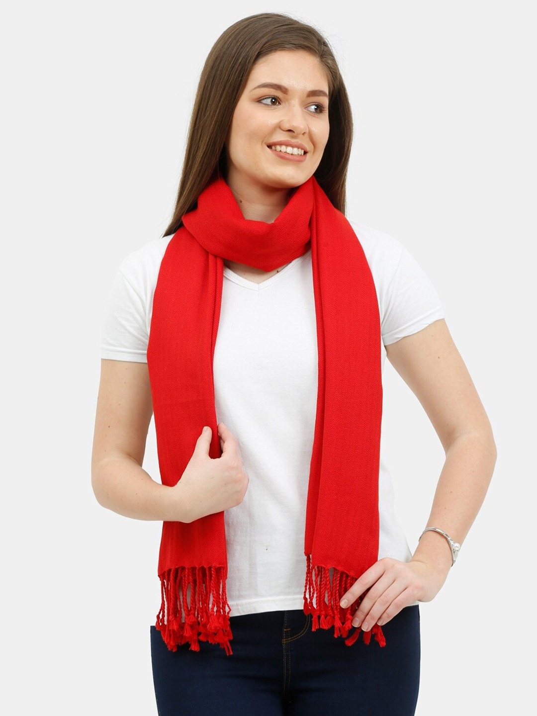 

thickskin Women Red Woven Design Fringed Border Stoles