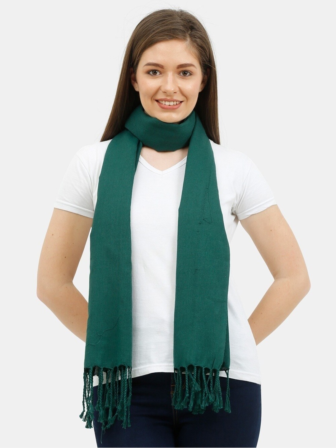 

thickskin Women Green Solid Fringed Border Stoles