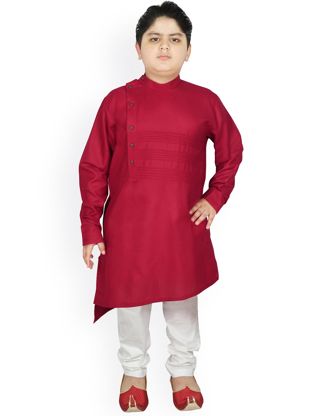 

SG YUVRAJ Boys Maroon & White Self Design Angrakha Pure Cotton Kurta Trousers Set