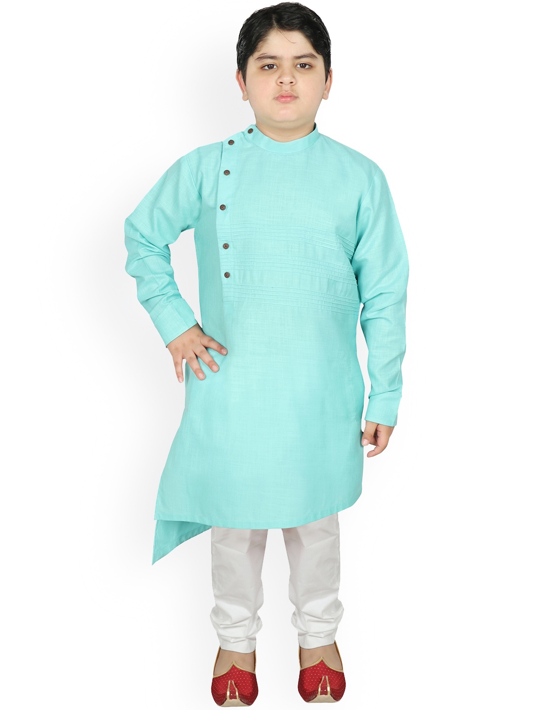 

SG YUVRAJ Boys Turquoise Blue & White Self Design Angrakha Pure Cotton Kurta Trousers Set