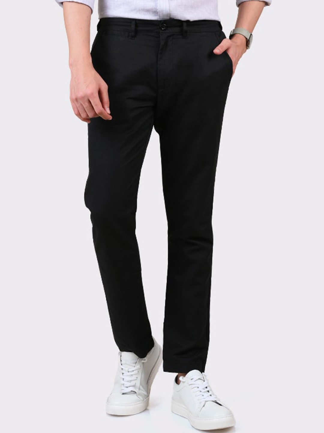 

MERCHANT MARINE Men Black Cotton Linen Chinos Trousers