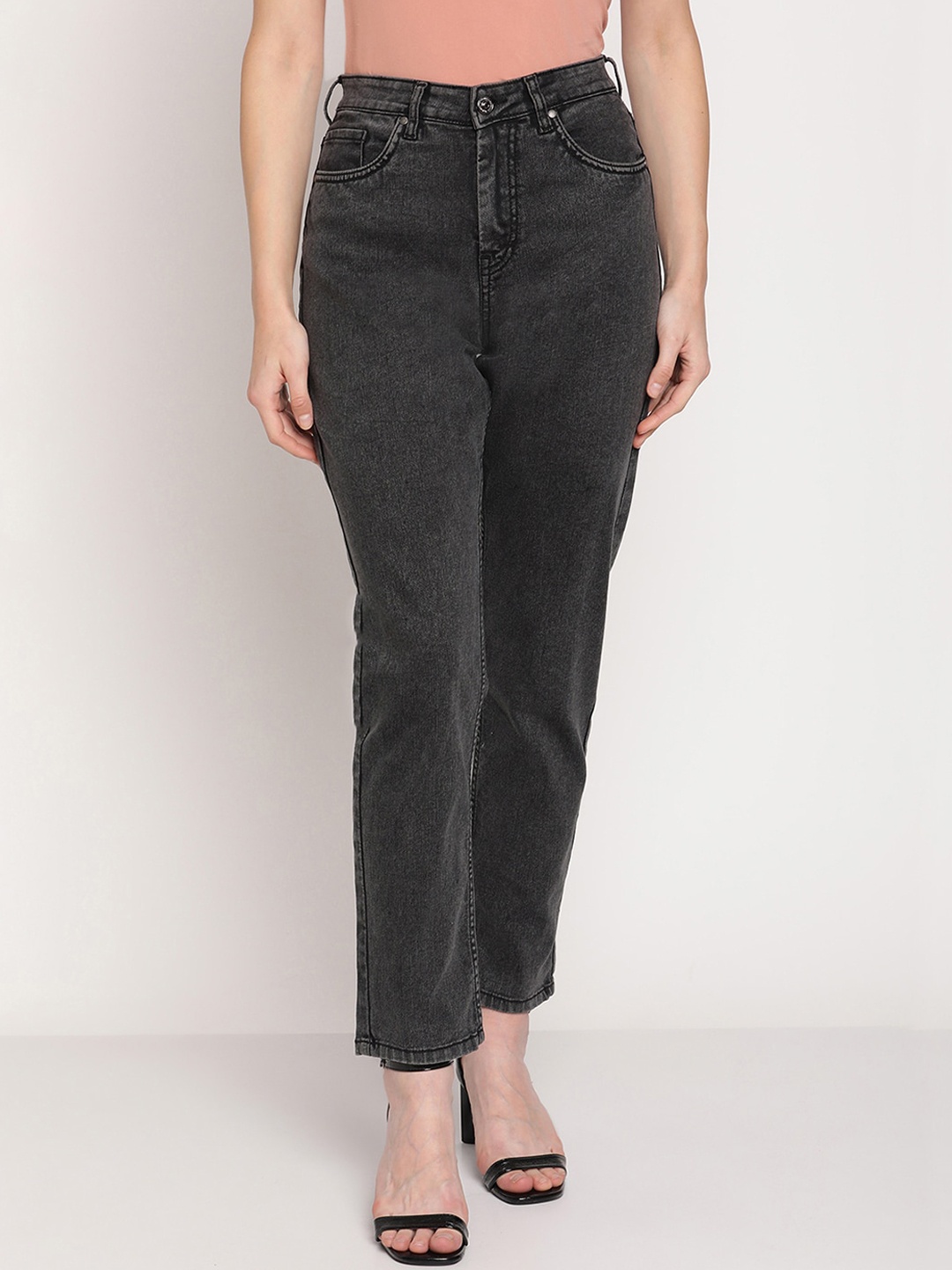 

Madame Women Charcoal Black Solid Straight Fit Jeans