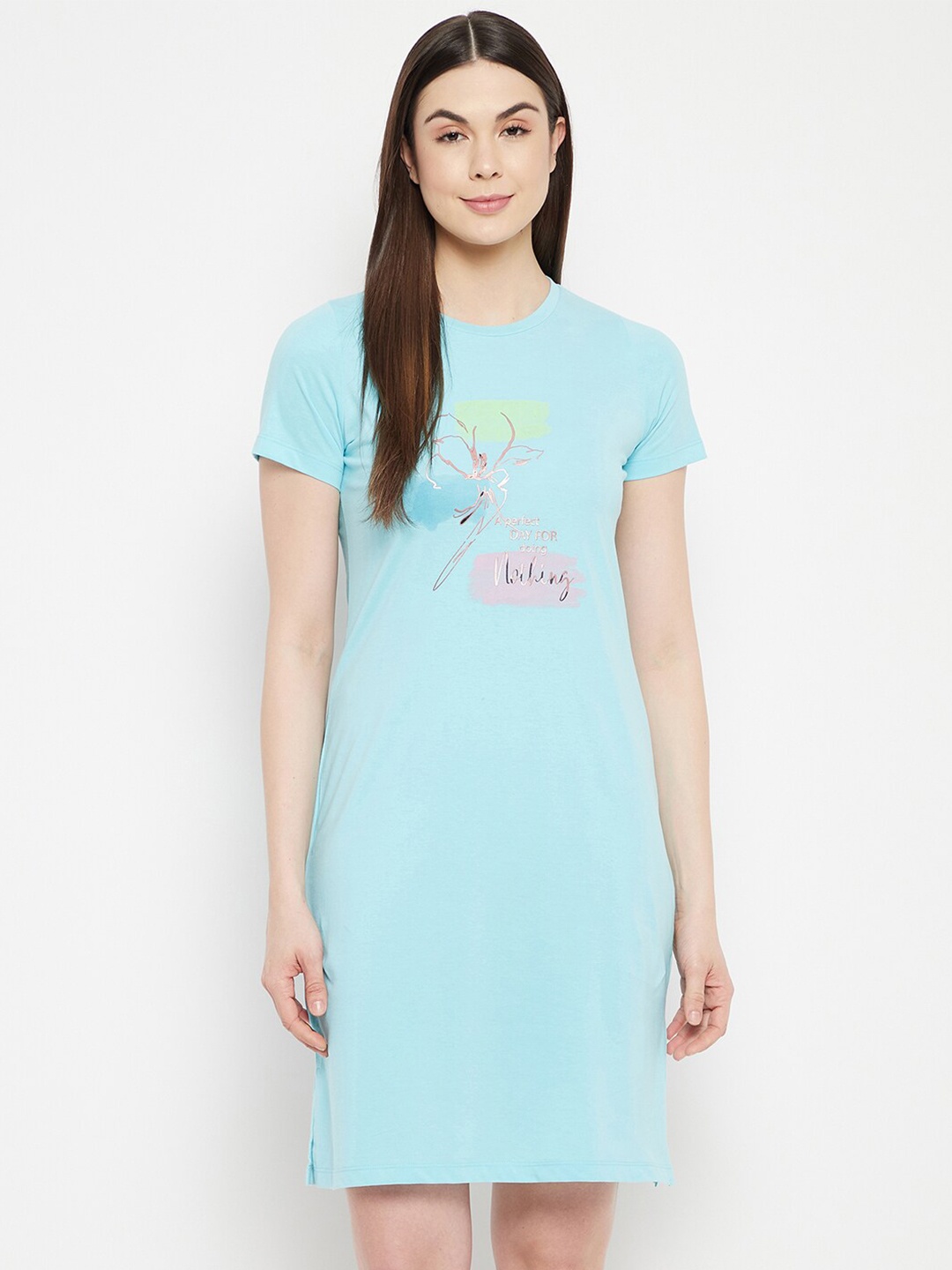 

MADAME M SECRET Blue Printed T-shirt Nightdress