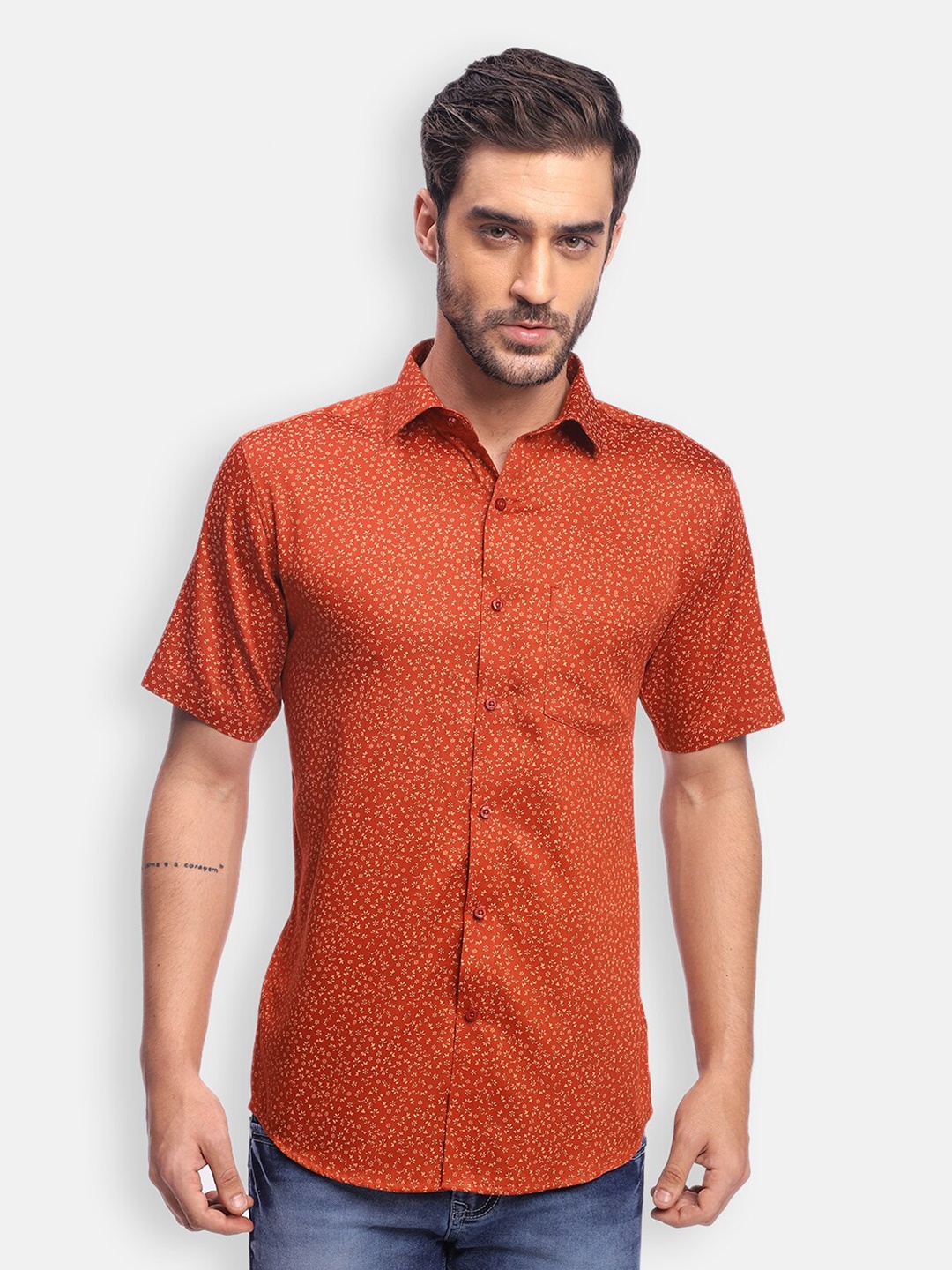 

Zeal Men Orange Standard Floral Printed Cotton Casual Shirt