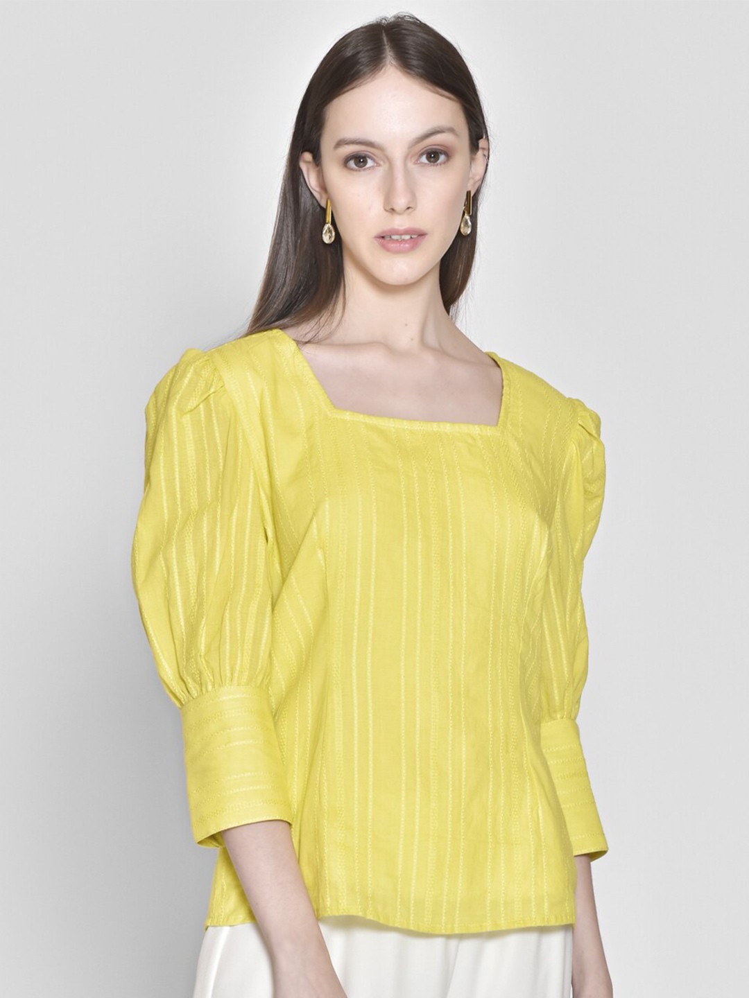 

250 DESIGNS Women Yellow & White Striped Cotton Top