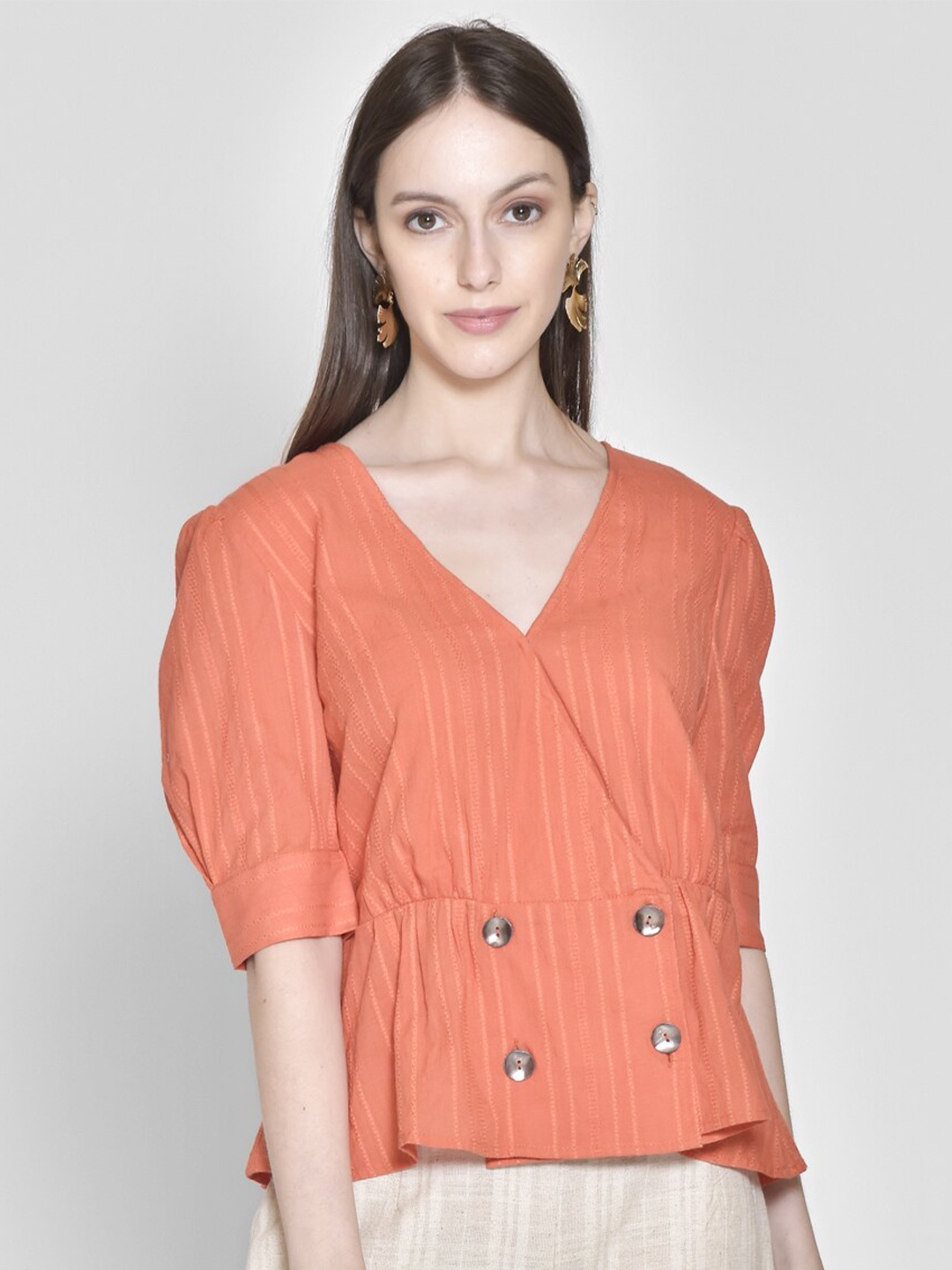 

250 DESIGNS Orange Striped V-Neck Wrap Top