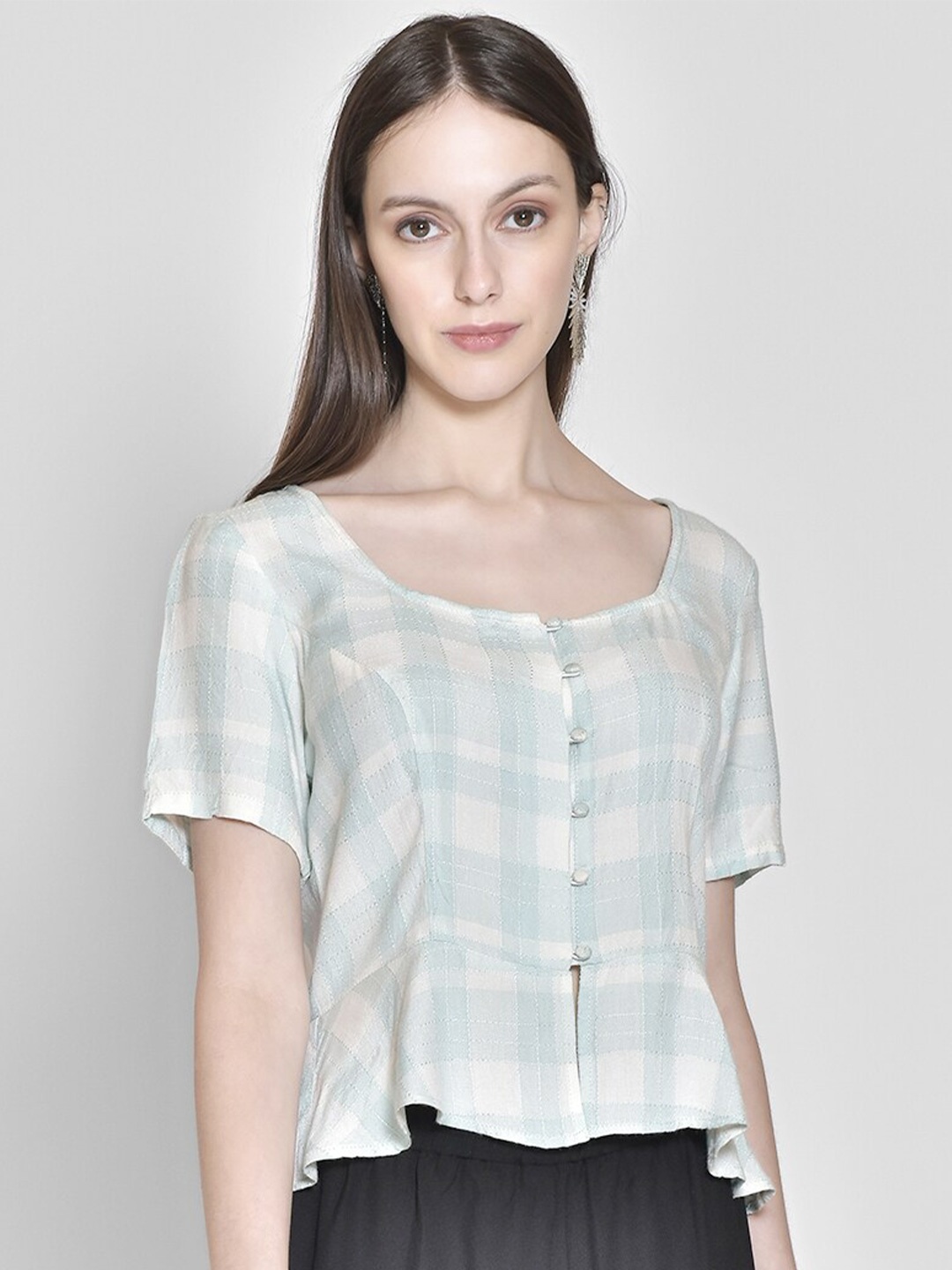 

250 DESIGNS Blue Checked Peplum Crop Top