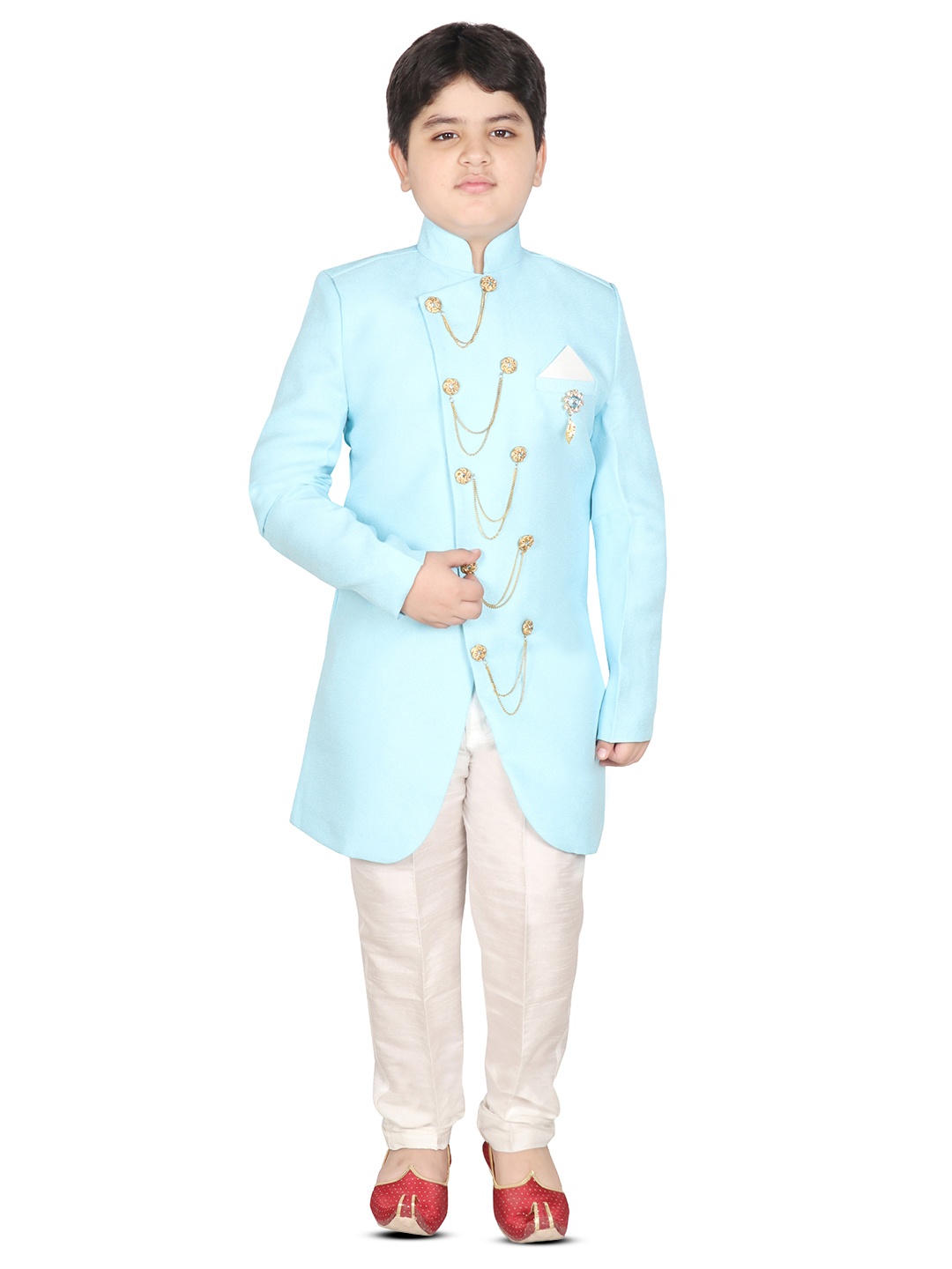 

SG YUVRAJ Boys Turquoise Blue Embellished Sherwani Set