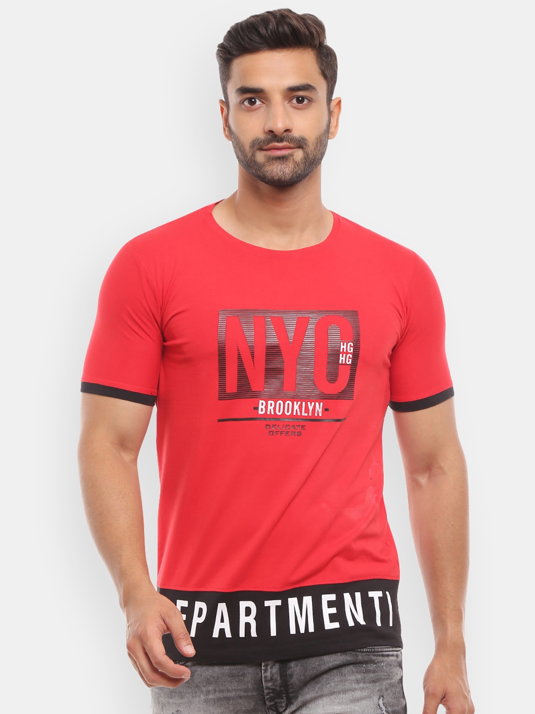 

V-Mart Men Red Typography Printed Applique Slim Fit T-shirt