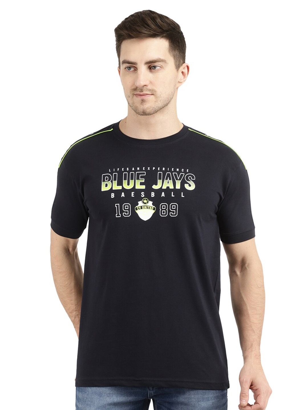 

V-Mart Men Navy Blue Printed Cotton T-shirt