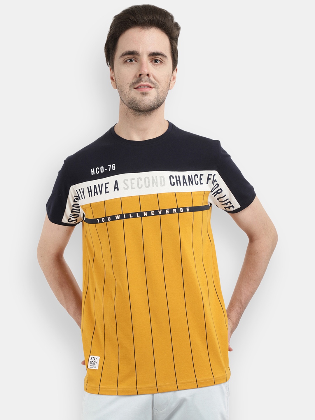 

V-Mart Men Mustard Yellow & Black Striped Slim Fit T-shirt