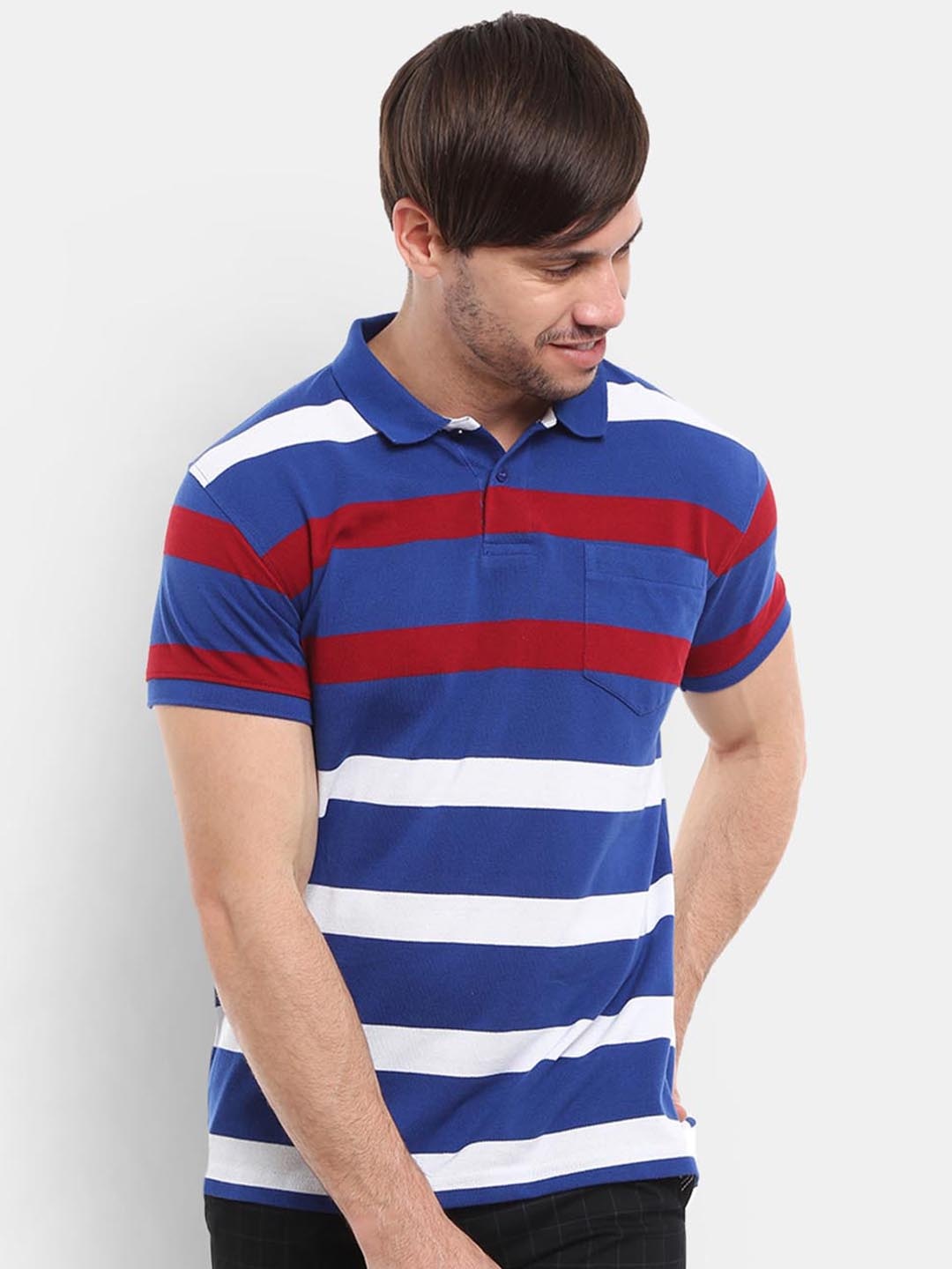 

V-Mart Men Blue & Red Striped Polo Collar T-shirt