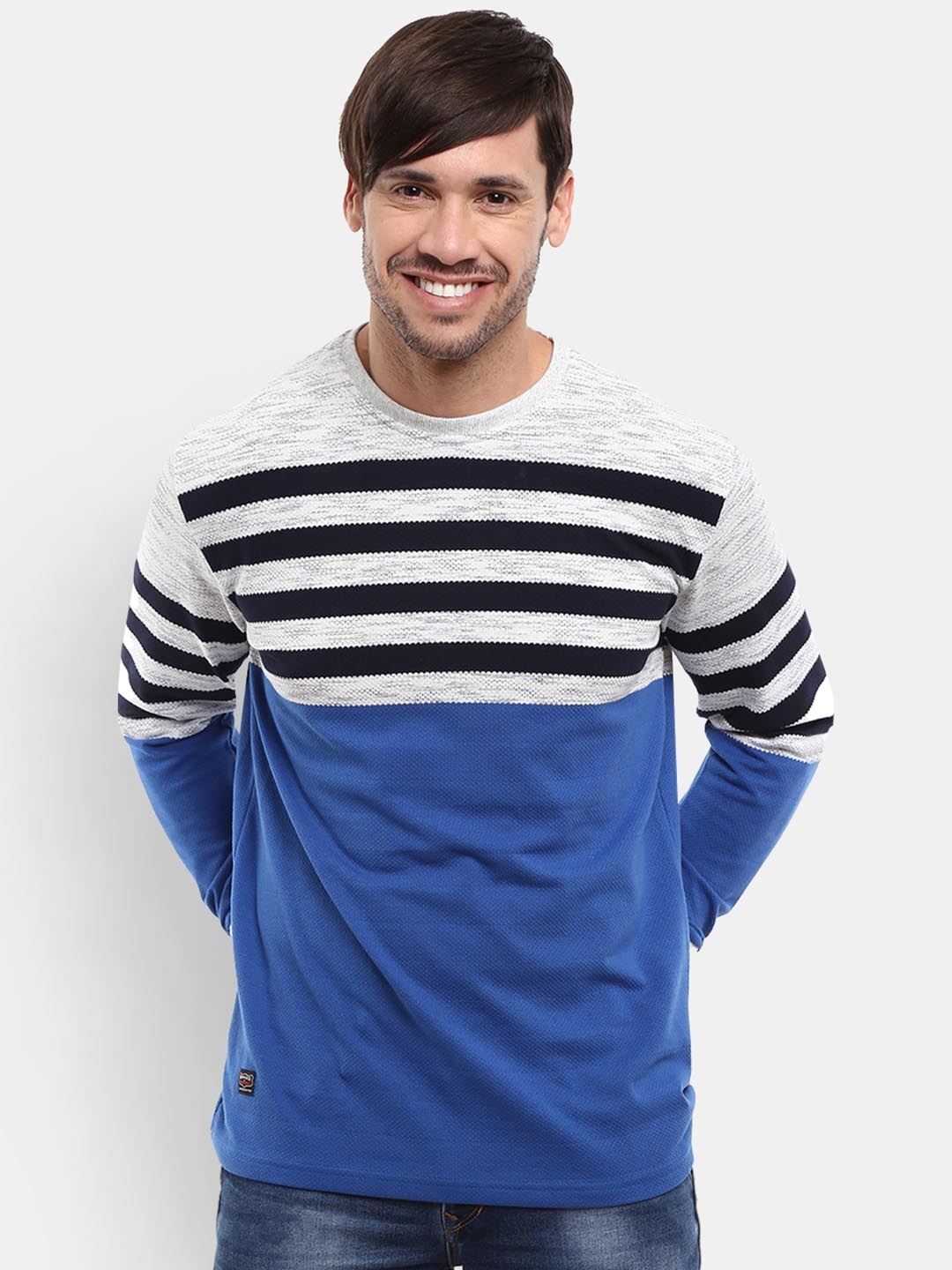 

V-Mart Men Blue & Grey Striped Cotton T-shirt