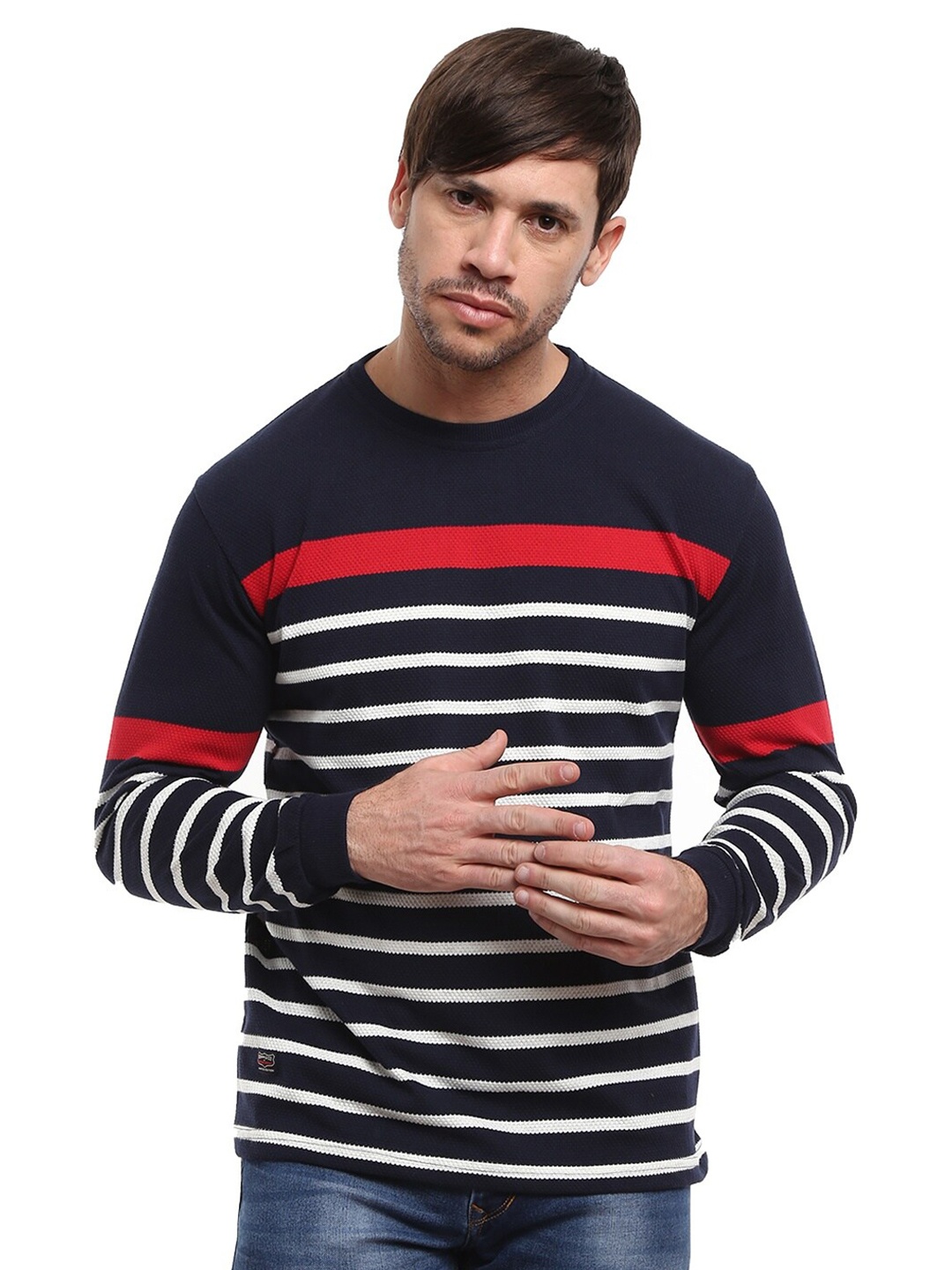 

V-Mart Men Navy Blue Striped T-shirt