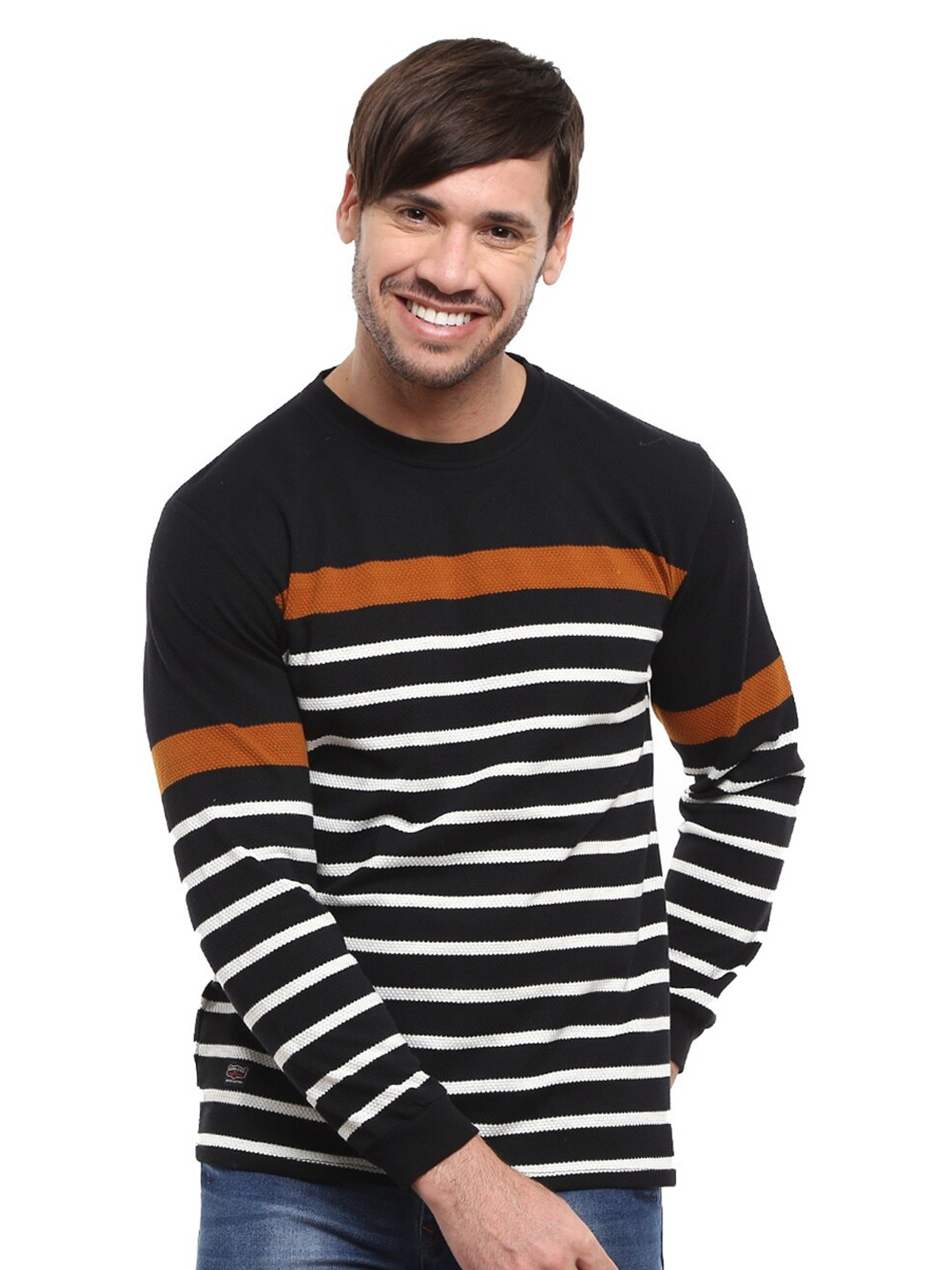

V-Mart Men Black & White Striped Cotton T-shirt