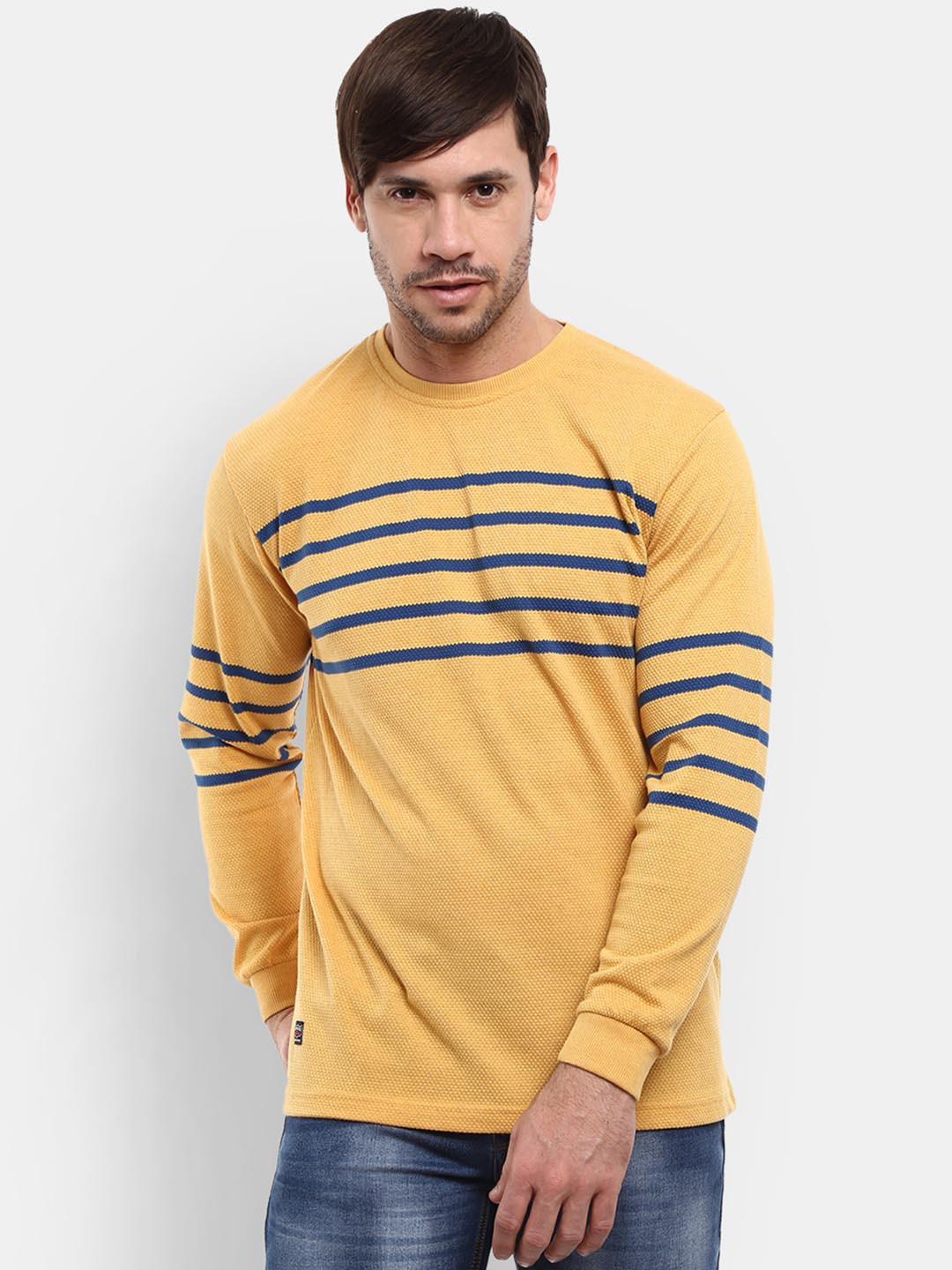

V-Mart Men Yellow & Navy Blue Striped Full Sleeves T-shirt