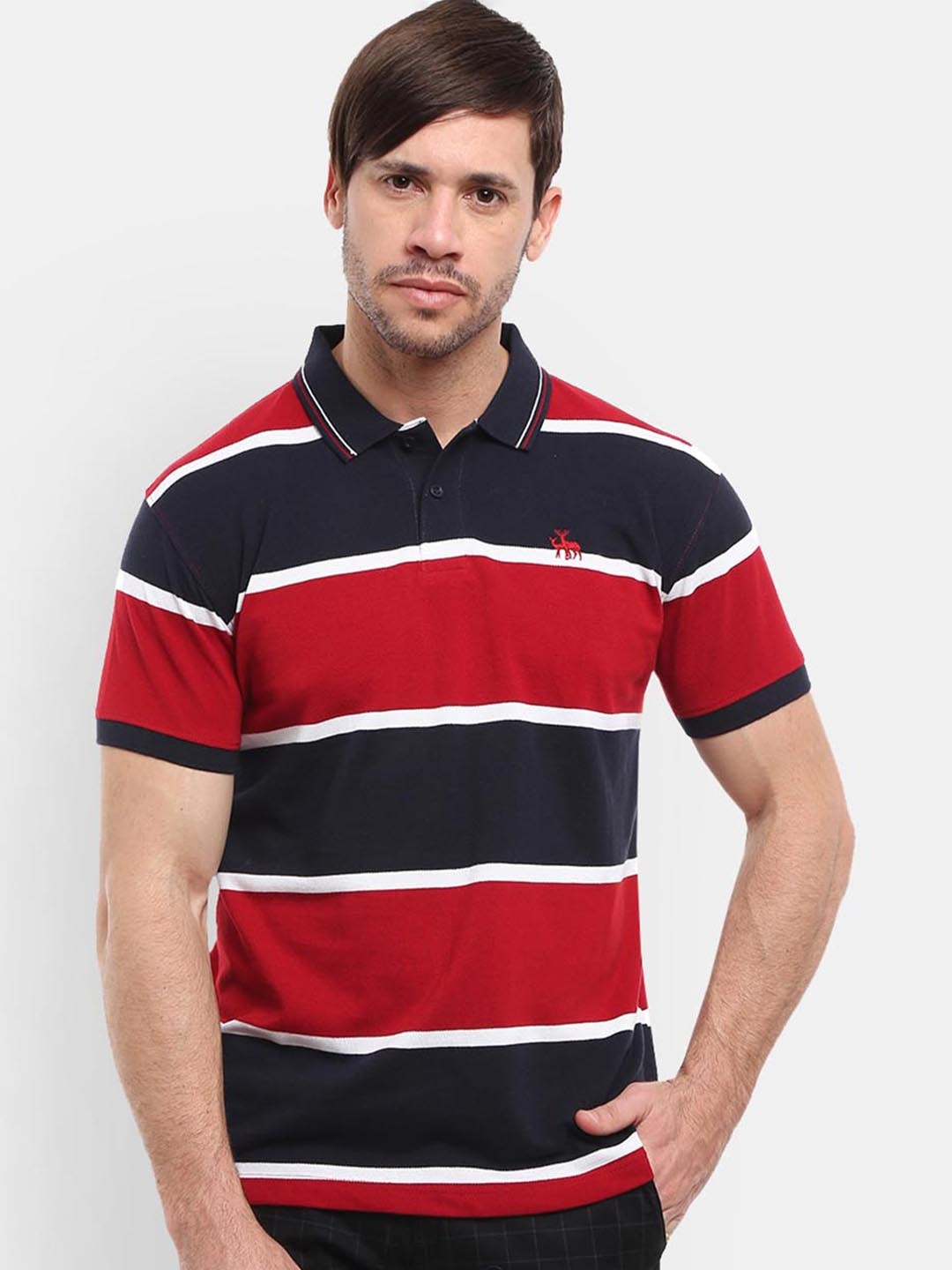 

V-Mart Men Navy Blue & Red Striped Polo Collar T-shirt