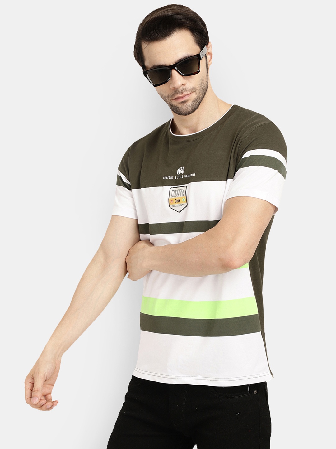 

V-Mart Men Olive Green & White Striped Slim Fit T-shirt