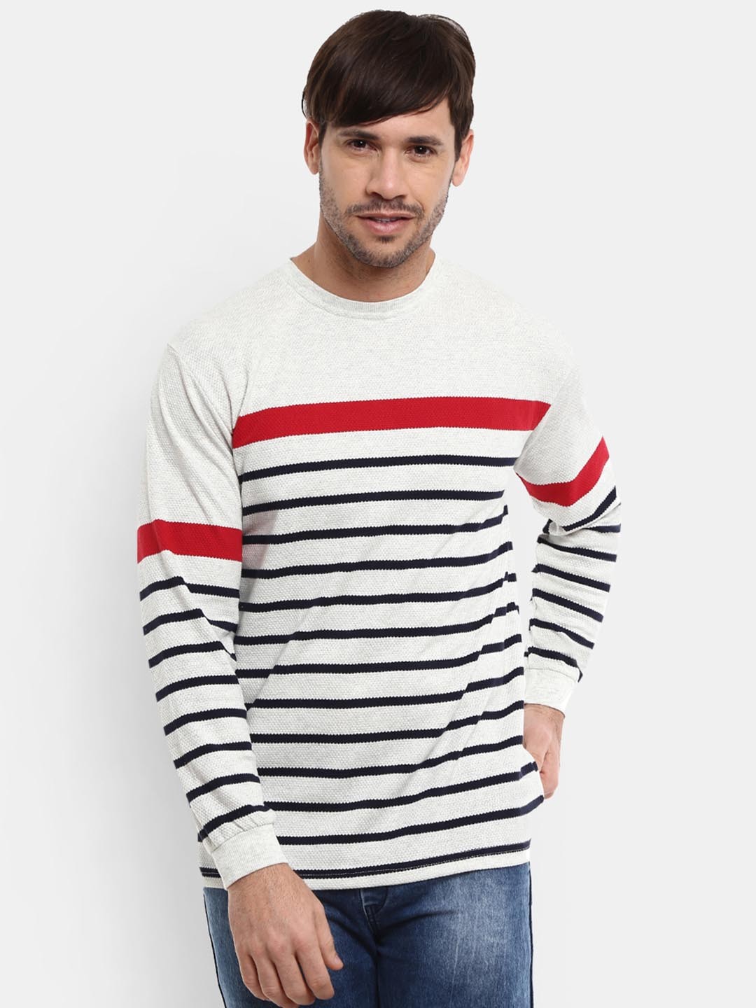 

V-Mart Men Off White & Navy Blue Striped T-shirt