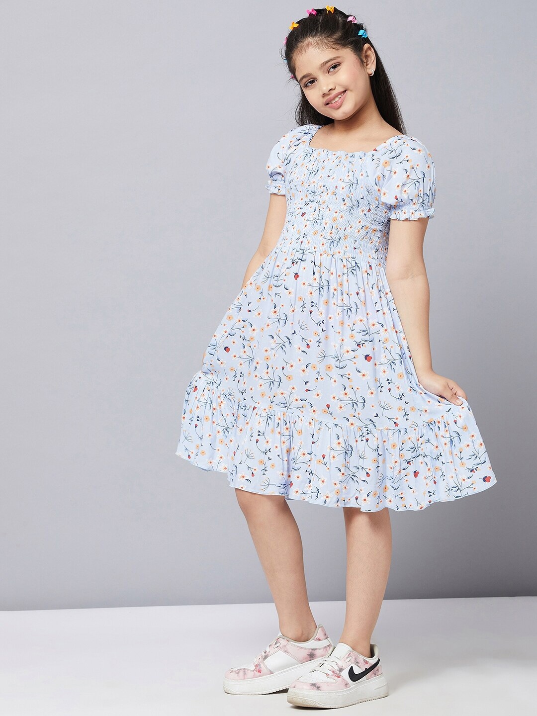 

Stylo Bug Girls Blue Floral Printed Cotton Dress