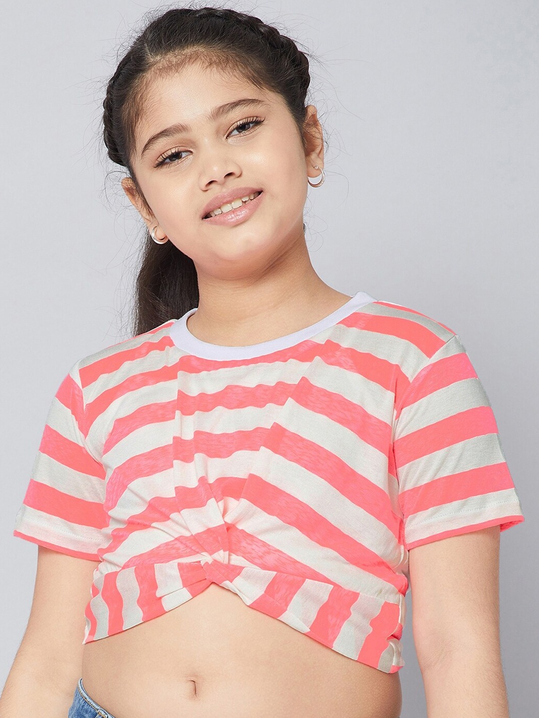 

Stylo Bug Girls Pink & Off White Striped Cotton Crop Top