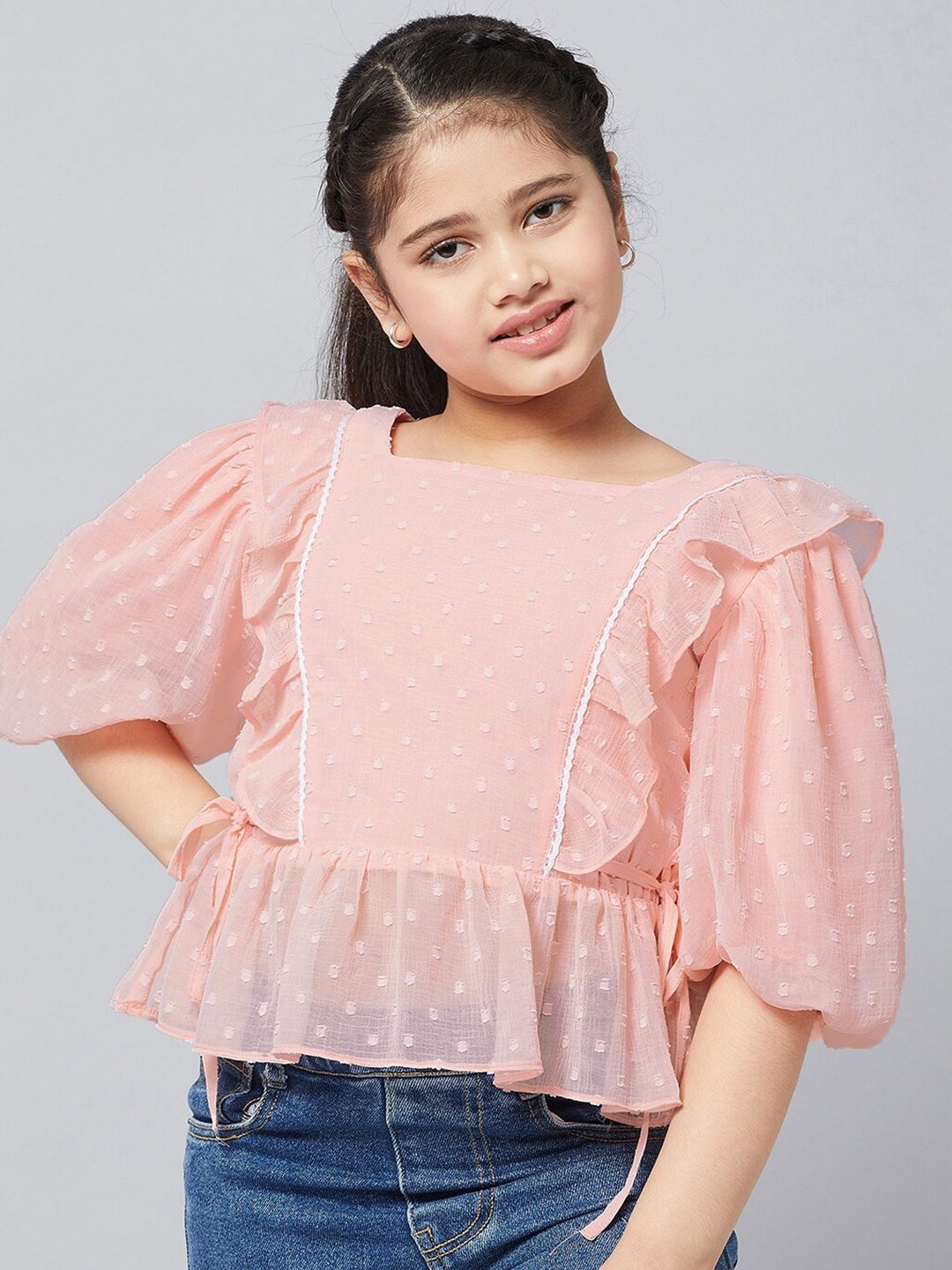 

Stylo Bug Girls Peach-Coloured Self Design Chiffon Peplum Top