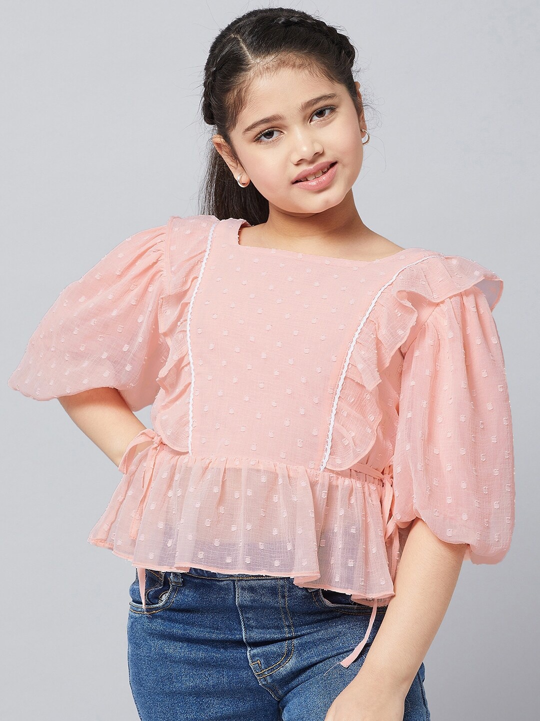 

Stylo Bug Girls Peach-Coloured Self Design Chiffon Peplum Top