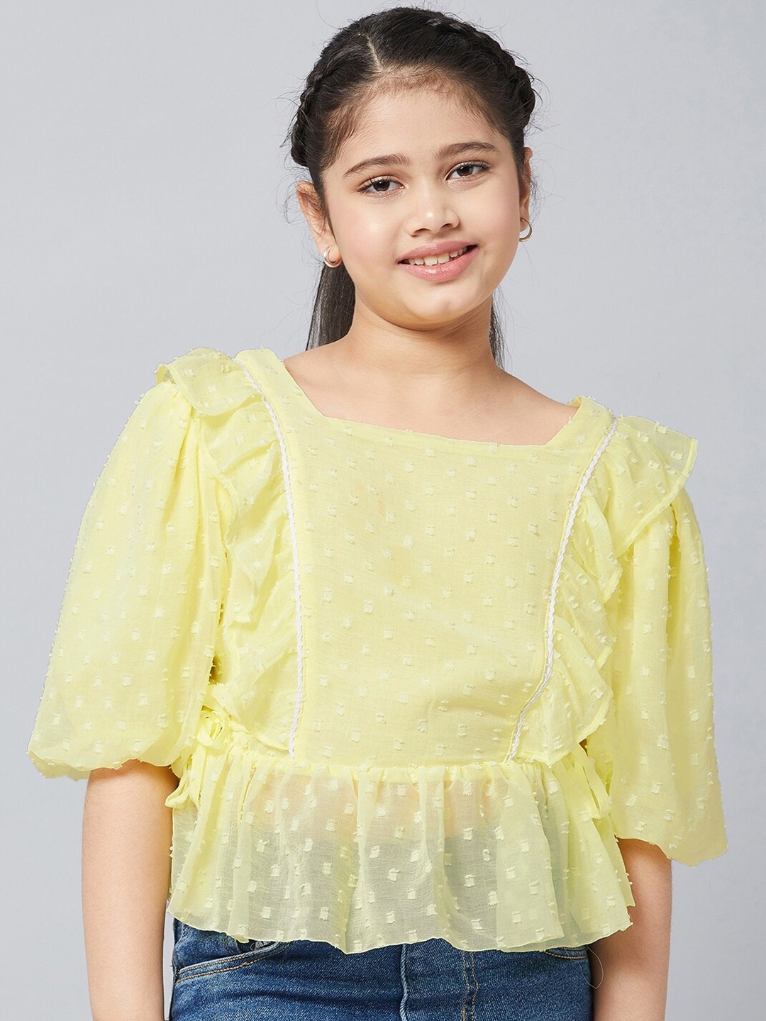 

Stylo Bug Yellow Self Design Ruffles Chiffon Top