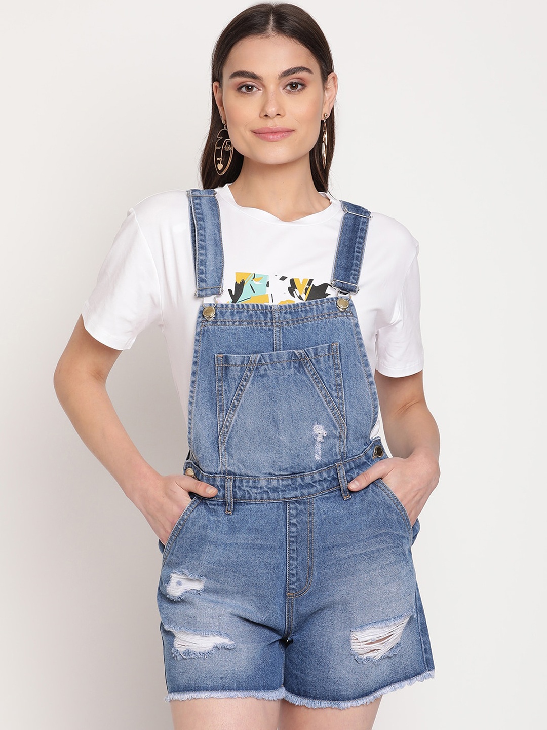 

Madame Women Blue Solid Denim Dungarees
