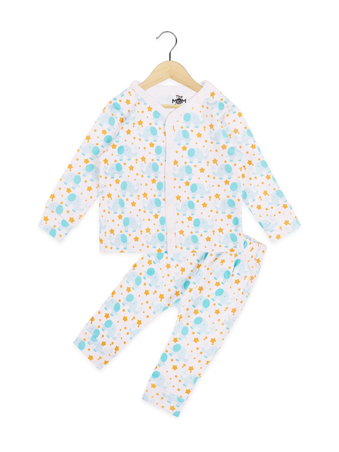 

The Mom Store Infants White & Blue Printed Pure Cotton Jhabla with Trousers