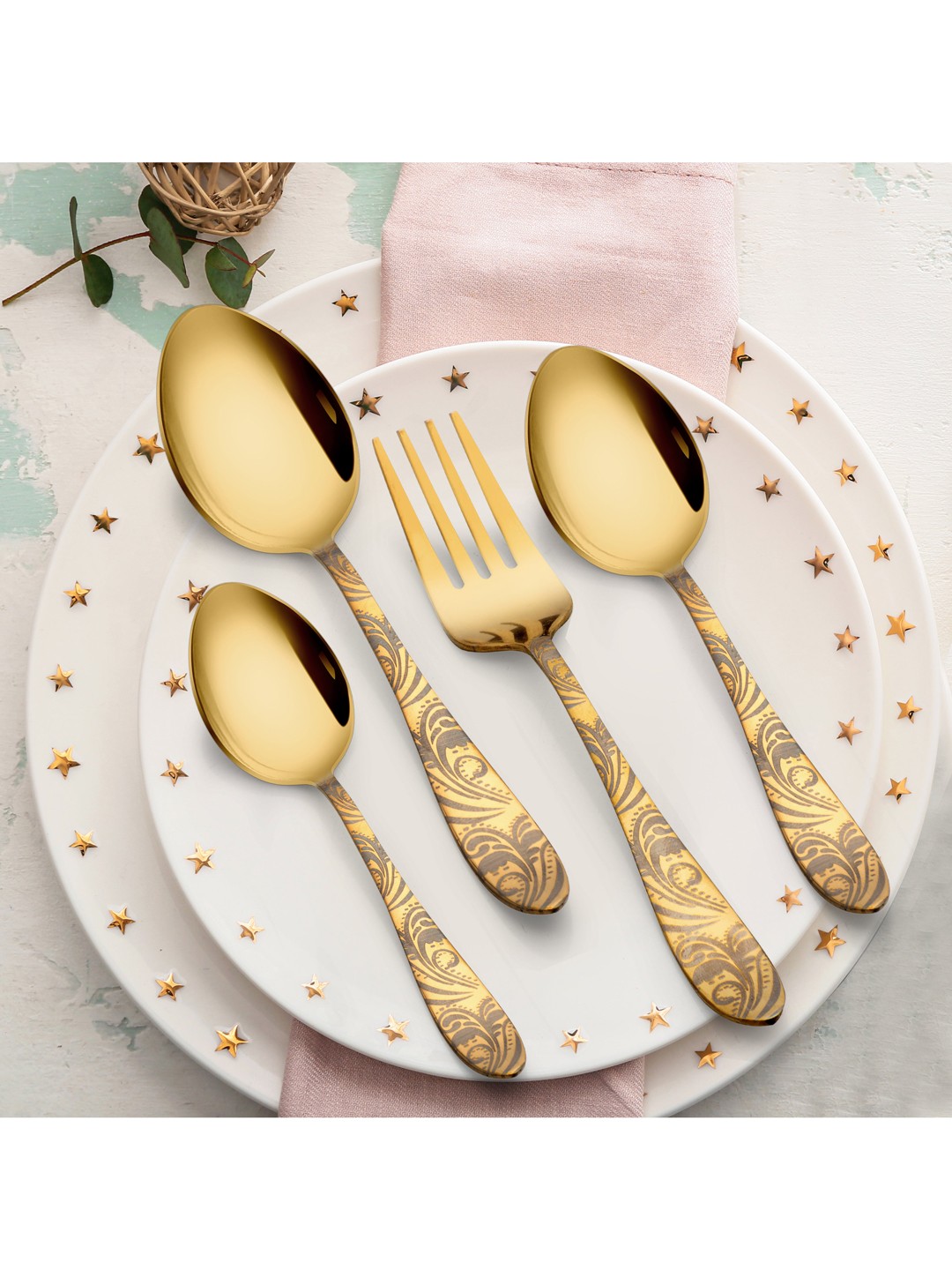 

Athome by Nilkamal Gold-Toned 24 Pcs Textured Stainless Steel Cutlery Set