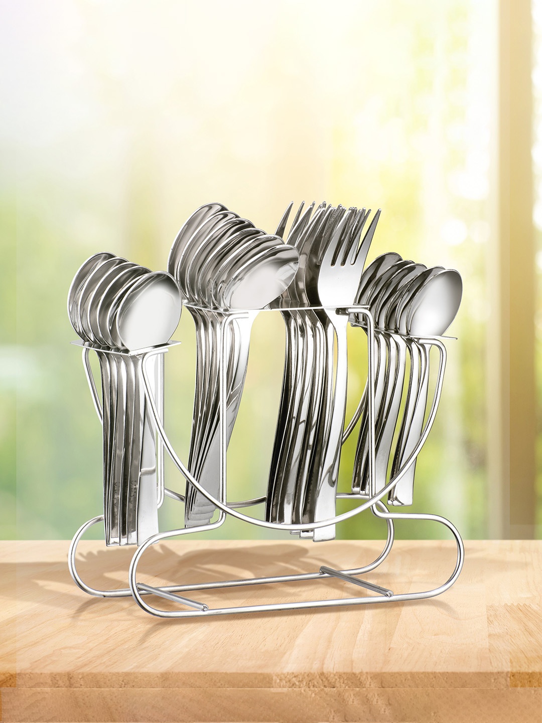 

Athome by Nilkamal Silver Stainless Steel Set Of 24 Cutlery With stand