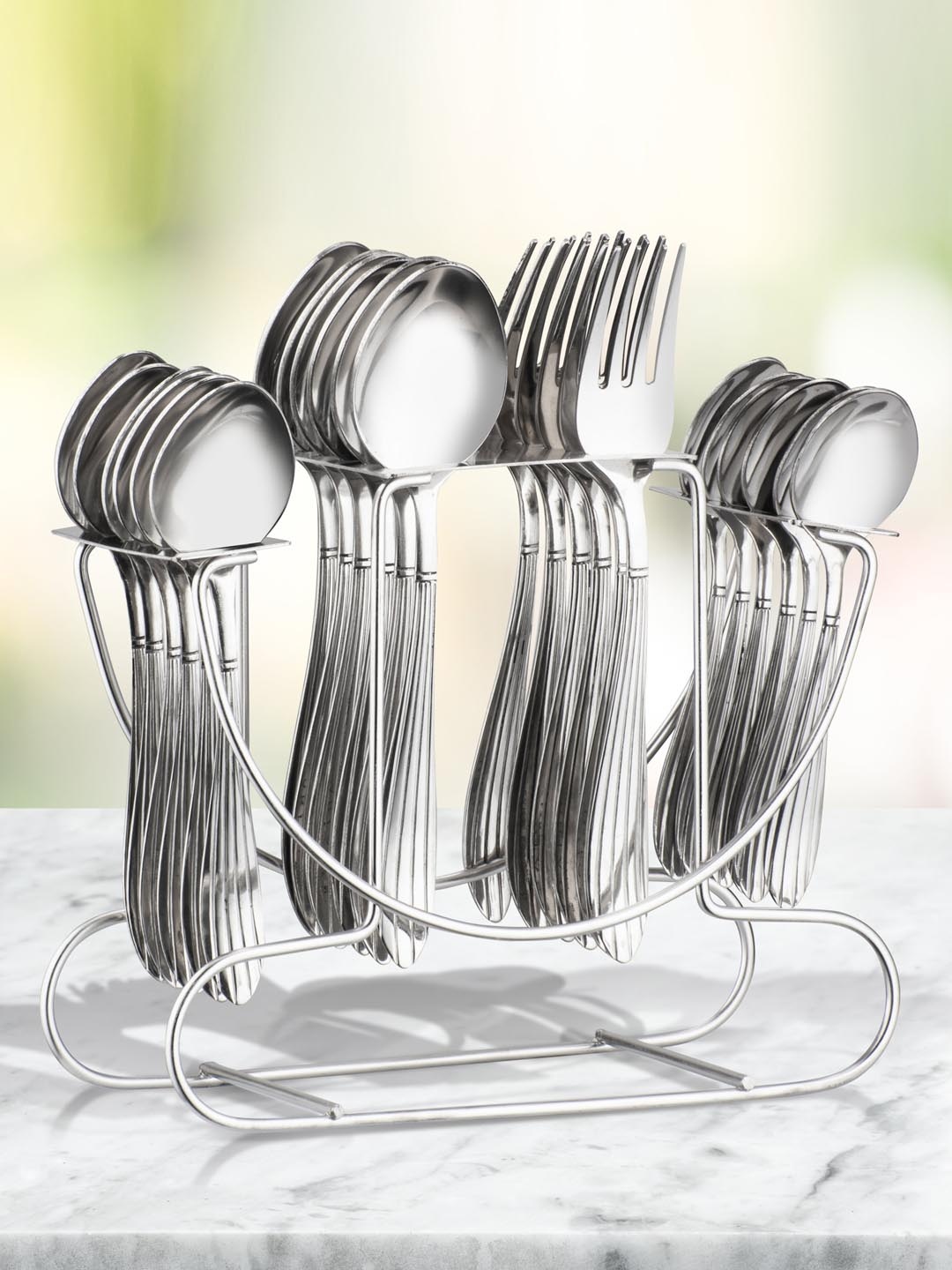 

@home by Nilkamal Set Of 24 Silver Stainless Steel Arias Sysco Cutlery Set With Stand