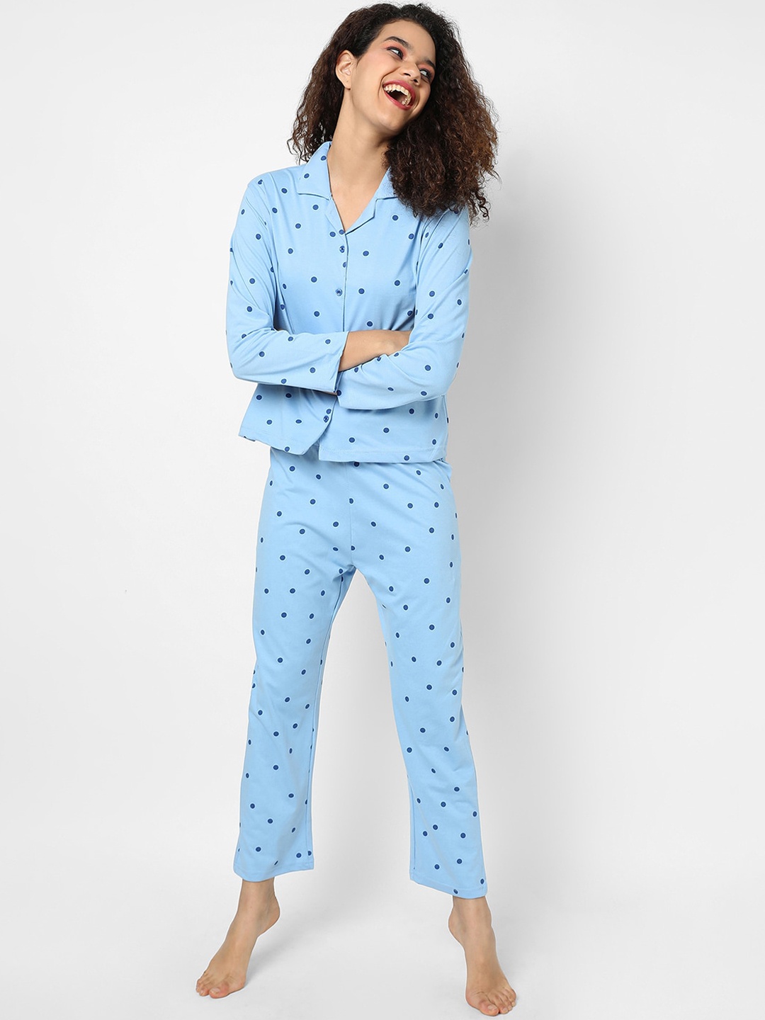 

Campus Sutra Women Blue Polka Dot Printed Cotton Night suit