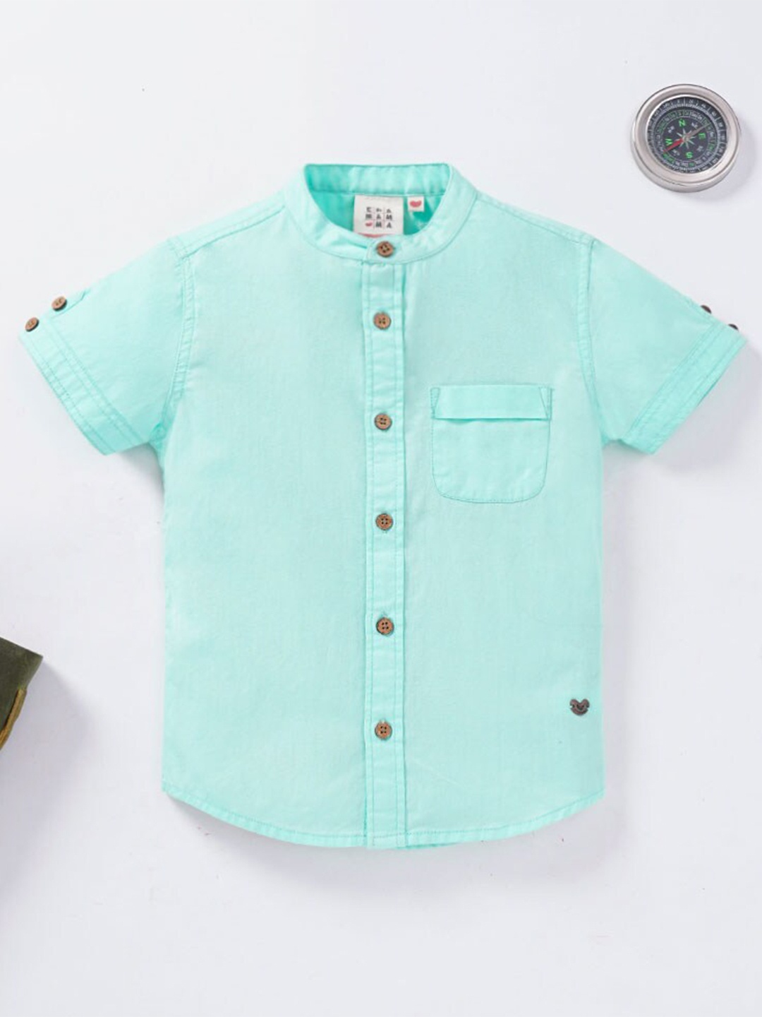 

Ed-a-Mamma Boys Turquoise Blue Mandarin Collar Premium Casual Shirt