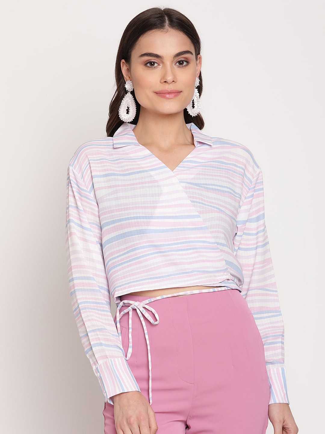Madame White Horizontal Striped Casual Wrap Top