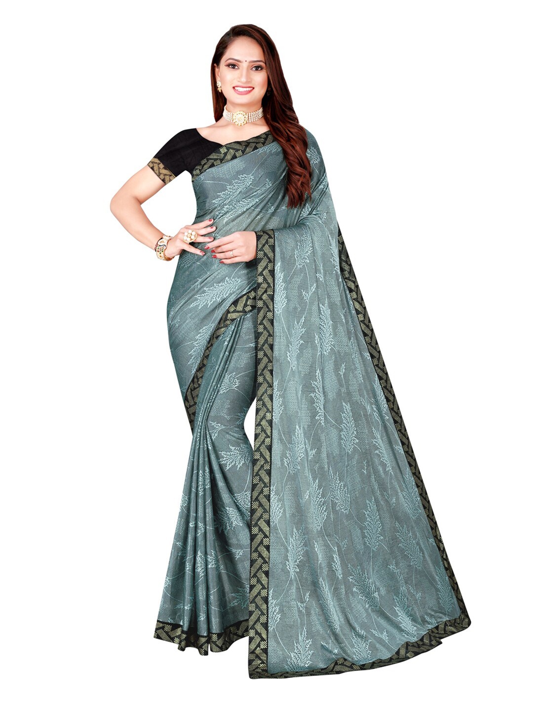 

SAADHVI Grey & Gold-Toned Floral Art Silk Saree