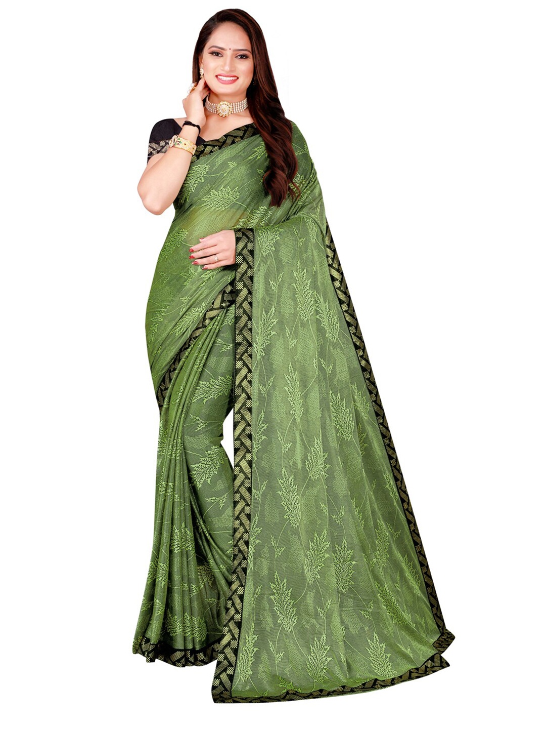 

SAADHVI Green & Black Floral Art Silk Saree