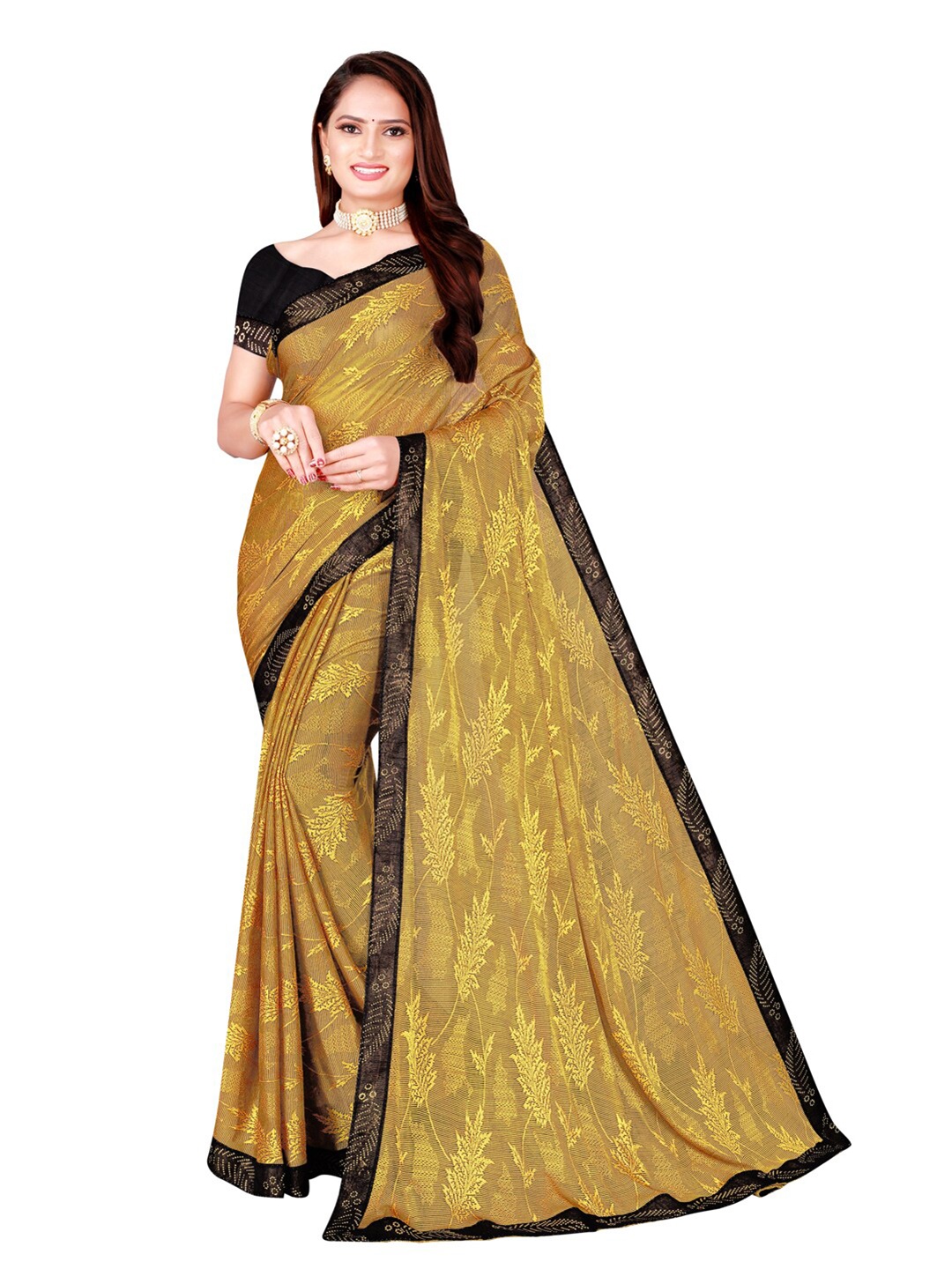 

SAADHVI Yellow & Black Floral Art Silk Saree