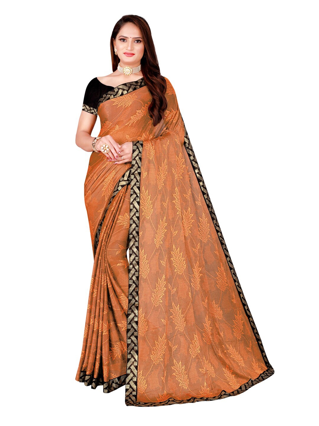 

SAADHVI Orange & Black Floral Art Silk Saree