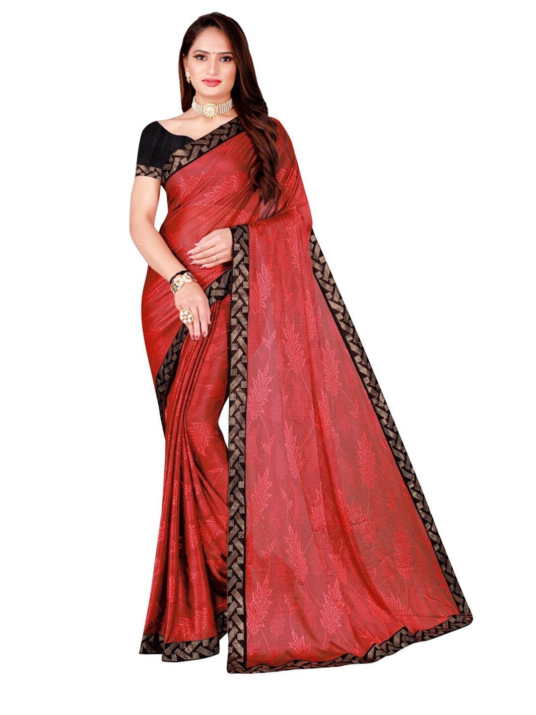 

SAADHVI Red & Black Floral Art Silk Saree