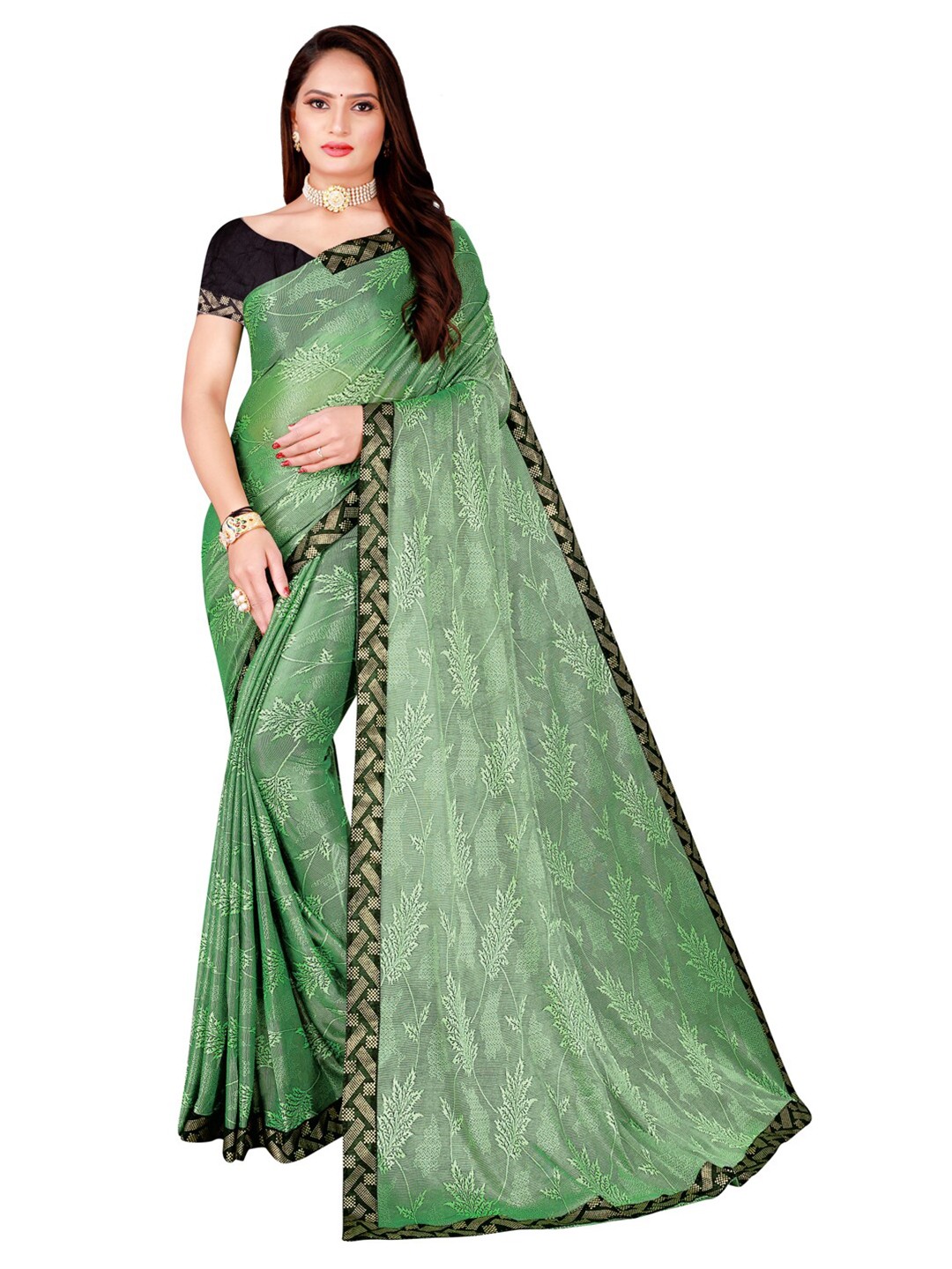 

SAADHVI Green & Black Floral Foil Printed Art Silk Saree
