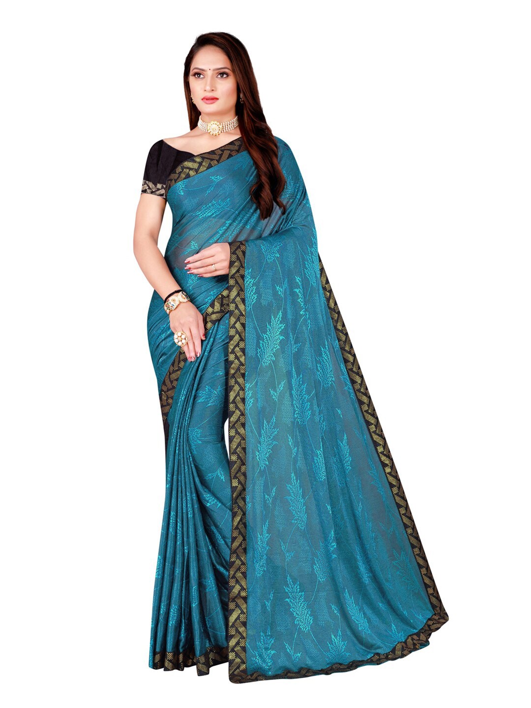 

SAADHVI Teal & Gold-Toned Floral Printed Art Silk Saree
