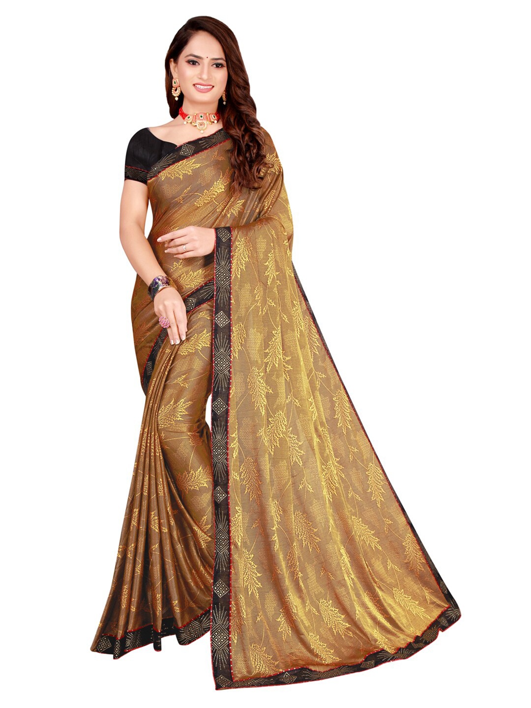

SAADHVI Yellow & Coffee Brown Floral Art Silk Saree