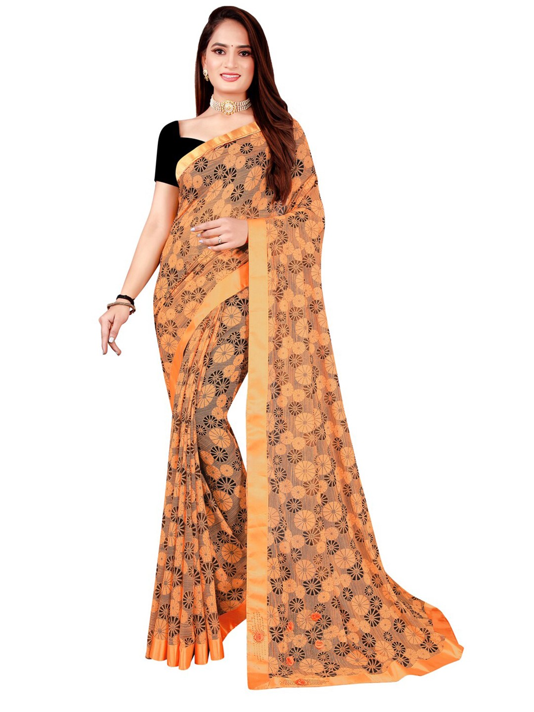 

SAADHVI Orange Floral Art Silk Saree