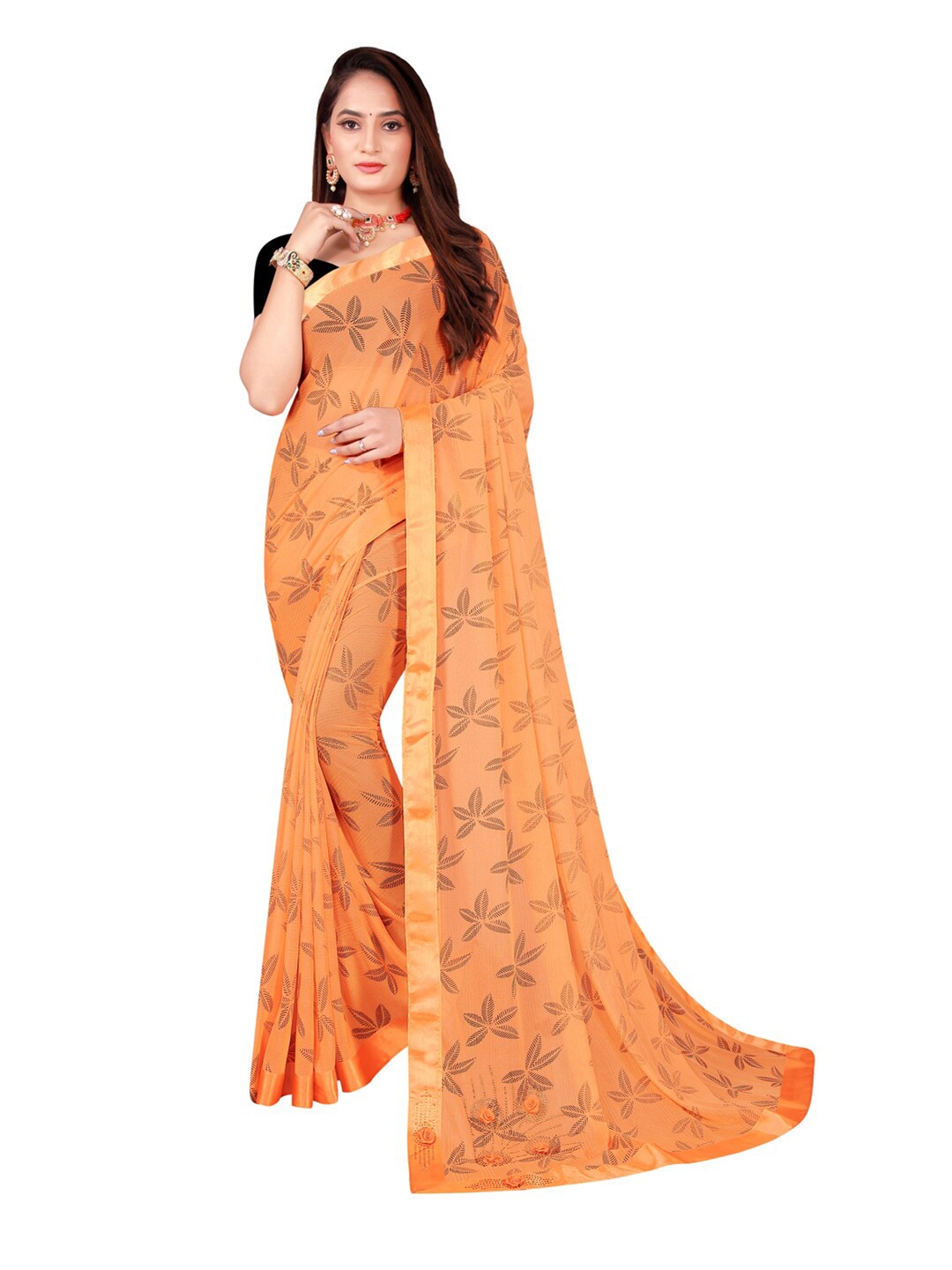 

SAADHVI Orange & Black Floral Art Silk Saree