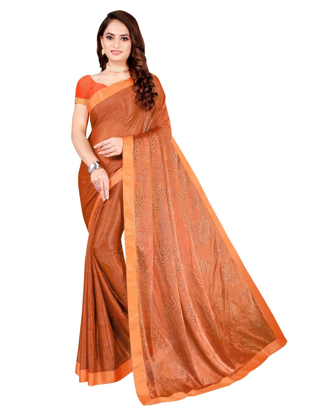 

SAADHVI Orange Floral Art Silk Saree