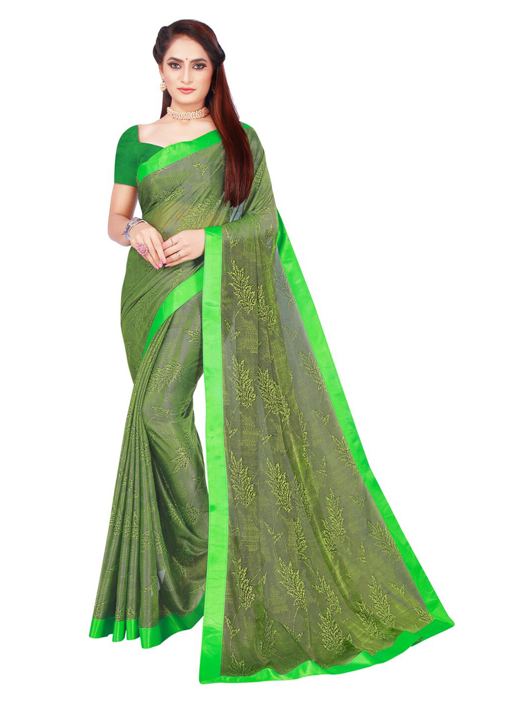 

SAADHVI Green Floral Art Silk Saree
